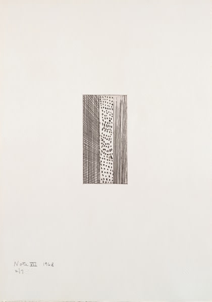 Barnett Newman

Note VII, 1968

Etching, printed in black on Italia white wove paper

5 15/16 x 2 15/16 inches, Plate

19 7/8 x 14 inches, Sheet

Edition of 7

Private Collection
