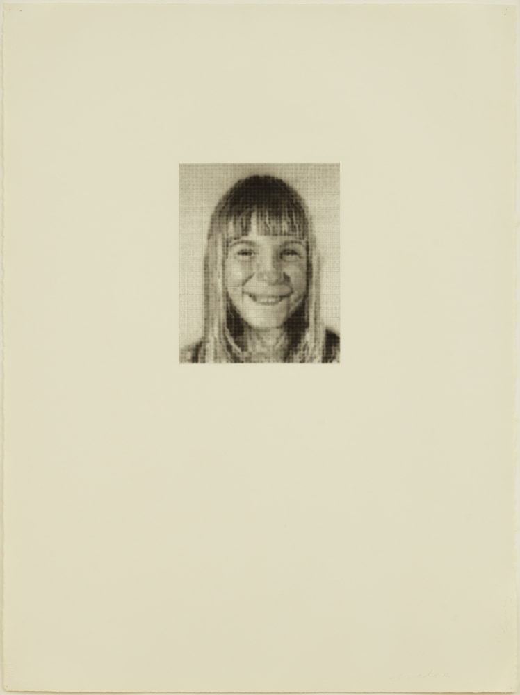 Chuck Close (b. 1940)
Kerry P., 1974
Ink and graphite on paper
30 x 22 inches, sheet
Signed and titled lower right recto: C. Close &amp;quot;Kerry&amp;quot;