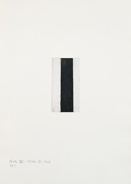 Barnett Newman

Note XI (State I), 1968

Etching, printed in black on Italia white wove paper

5 15/16 x 2 15/16 inches, Plate

19 7/8 x 14 inches, Sheet

Edition of 7

Private Collection