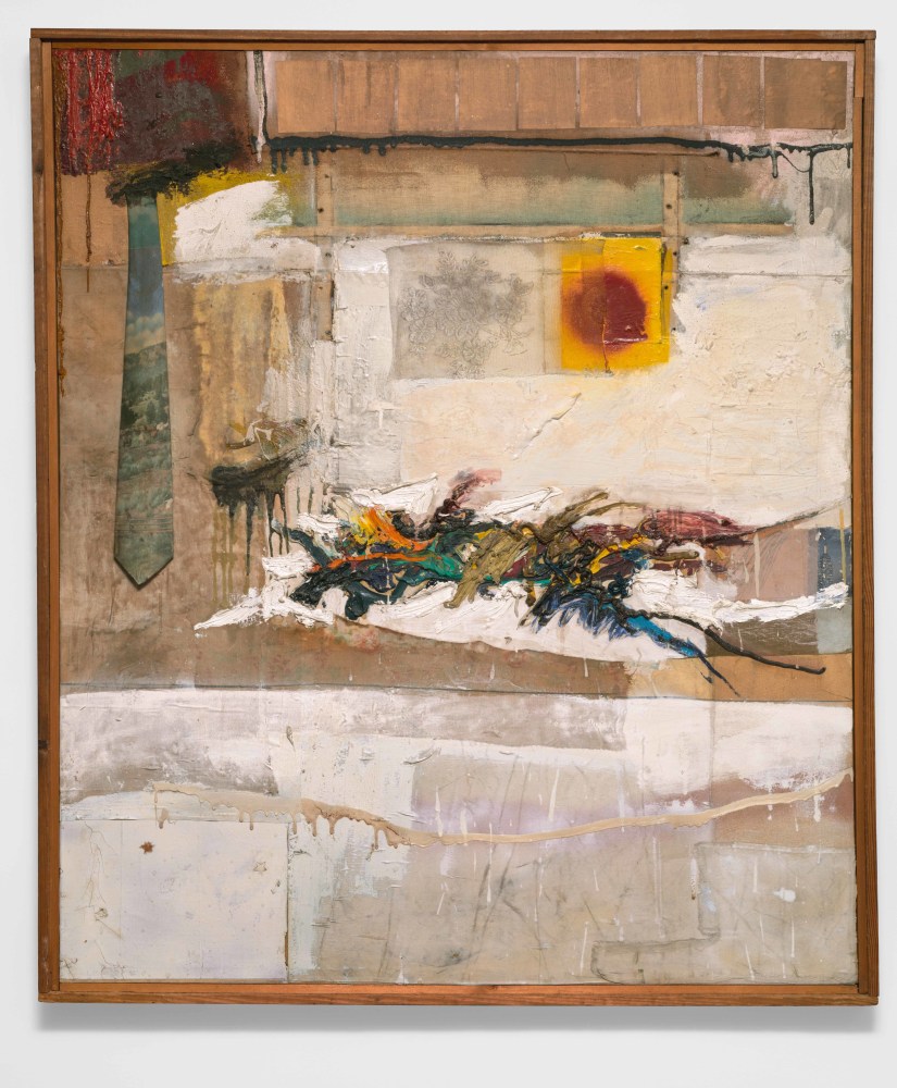 Robert Rauschenberg
Rhyme, 1956
Combine: oil, fabric, necktie, paper, enamel, pencil,
and synthetic polymer paint on canvas
48 1/4 x 41 1/8 inches
The Museum of Modern Art. Fractional and promised gift of Agnes Gund in honor of Richard E. Oldenburg. Object number 283.1994

&amp;nbsp;

&amp;nbsp;