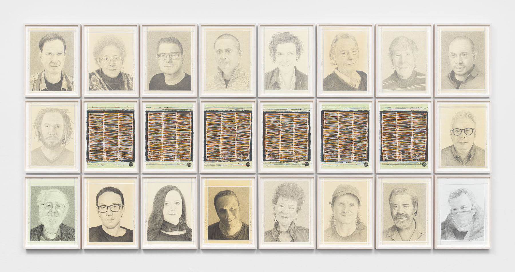 Phong Bui

Symphony #5 (for Brian O&amp;#39;Doherty),&amp;nbsp;2022

Portraits: Pencil on paper

16 1/2 x 12 3/4 inches each, framed

Meditation paintings: gouache, watercolor and pencil on paper

16 1/2 x 12 3/4 inches each, framed

50 1/2 x 65 3/4 inches, overall