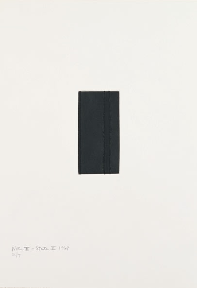 Barnett Newman

Note X (State II), 1968

Etching, printed in black on Italia white wove paper

5 15/16 x 2 15/16 inches, Plate

19 7/8 x 14 inches, Sheet

Edition of 7

Private Collection