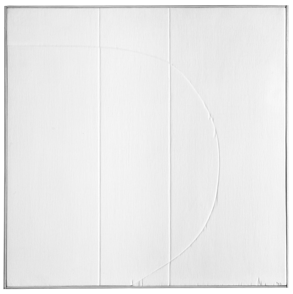 Eleanore Mikus (1927-2017)
Tablet 5, 1962
White acrylic on grooved plywood
24 x 24 inches
Signed, dated, and inscribed on verso: E. Mikus &amp;#39;62 24&amp;quot; x 24&amp;quot;