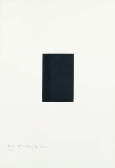 Barnett Newman

Note XII (State II), 1968

Etching, printed in black on Italia white wove paper

5 15/16 x 2 15/16 inches, Plate

19 7/8 x 14 inches, Sheet

Edition of 7

Private Collection