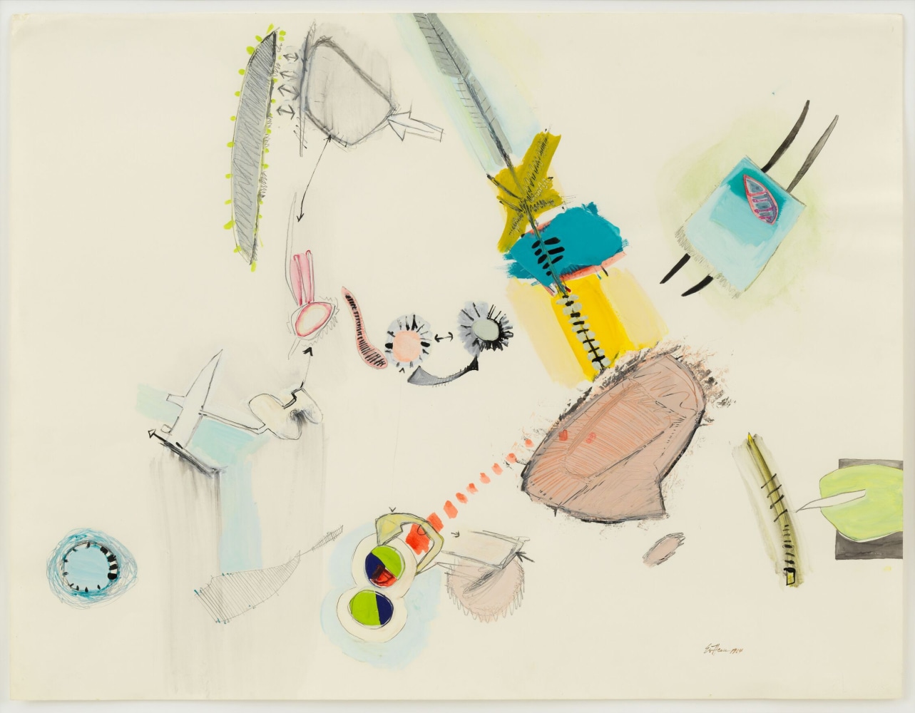 Eva Hesse (1936-1970)
Untitled, 1964
Gouache, watercolor, ink, pencil, and collage
19 5/8 x 25 9/16 inches
Signed and dated lower right recto: E. Hesse 1964
Inscribed with work number on verso: FDX-D 877 / DKD 102 / 145