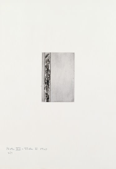 Barnett Newman

Note XII (State I), 1968

Etching, printed in black on Italia white wove paper

5 15/16 x 2 15/16 inches, Plate

19 7/8 x 14 inches, Sheet

Edition of 7

Private Collection