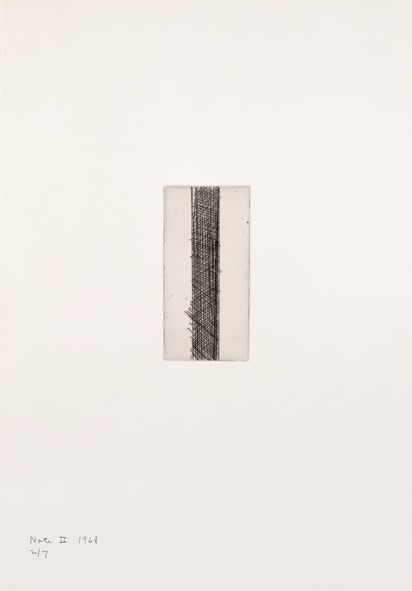 Barnett Newman

Note II, 1968

Etching, printed in black on Italia white wove paper

5 15/16 x 2 15/16 inches, Plate

19 7/8 x 14 inches, Sheet

Edition of 7

Private Collection