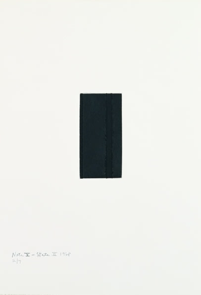 Barnett Newman

Note X (State II), 1968

Etching, printed in black on Italia white wove paper

5 15/16 x 2 15/16 inches, Plate

19 7/8 x 14 inches, Sheet

Edition of 7

Private Collection