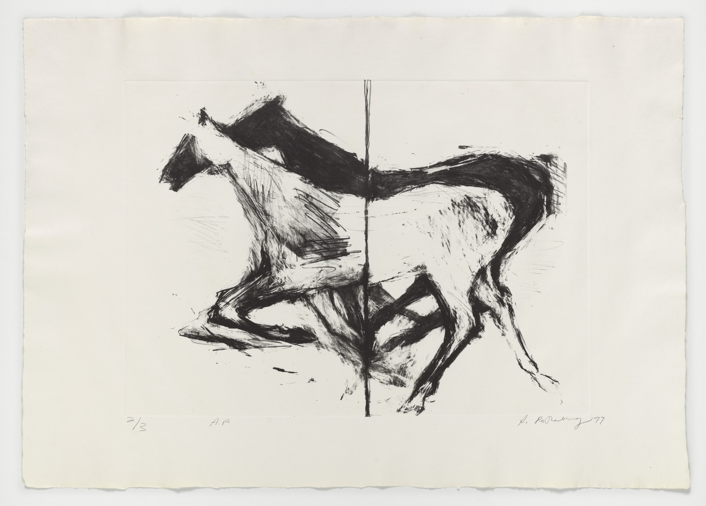 Susan Rothenberg (1945-2020)
Untitled, 1977
Lithograph on Cotman handmade watercolor paper
15 1/2 x 21 5/8 inches, image
22 1/8 x 30 3/4 inches, sheet
AP, aside from the edition of 14
Signed, dated, and numbered lower recto: S. Rothenberg 77