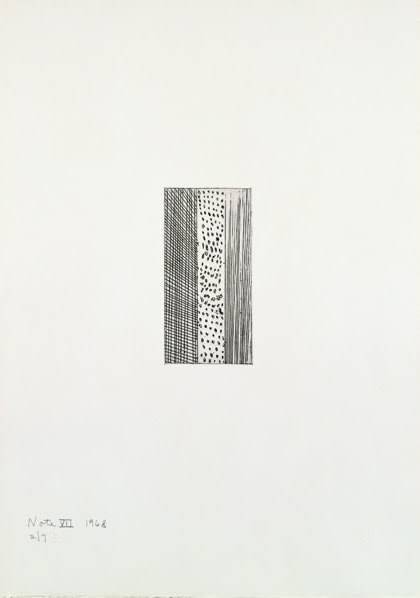 Barnett Newman

Note VII, 1968

Etching, printed in black on Italia white wove paper

5 15/16 x 2 15/16 inches, Plate

19 7/8 x 14 inches, Sheet

Edition of 7

Private Collection