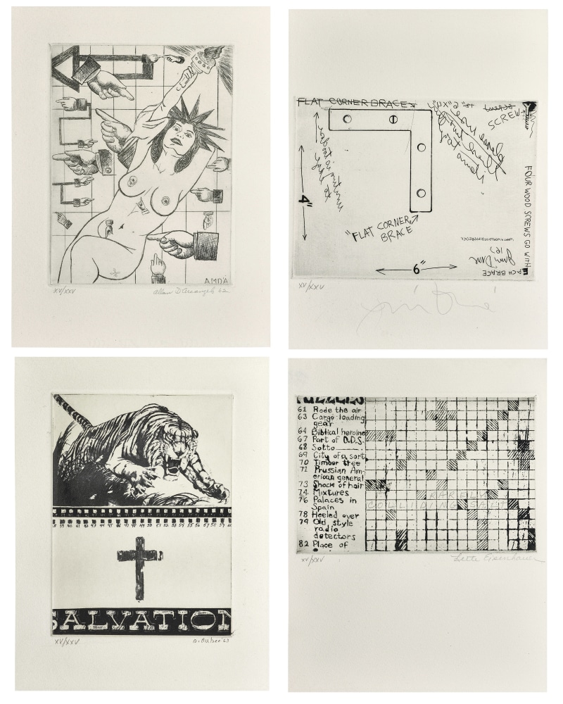 Allan D&amp;#39;Arcangelo American Madonna, 1962: etching on paper; signed and numbered below image: xv/xxv Allan D&amp;#39;Archangelo 62

Jim Dine Corner Brace, 1962: etching on paper; (signed and numbered below the image: xv/xxv Jim Dine

Stephen Durkee Untitled, 1963: photogravure on paper; signed, numbered, and dated below image: xv/xxv S. Durkee &amp;#39;63

Lette Eisenhauer Untitled, 1962: etching and graphite on paper; numbered and signed below image: xv/xxv Lette Eisenhauer; inscribed in pencil within the print: Rarely Colliding Salt