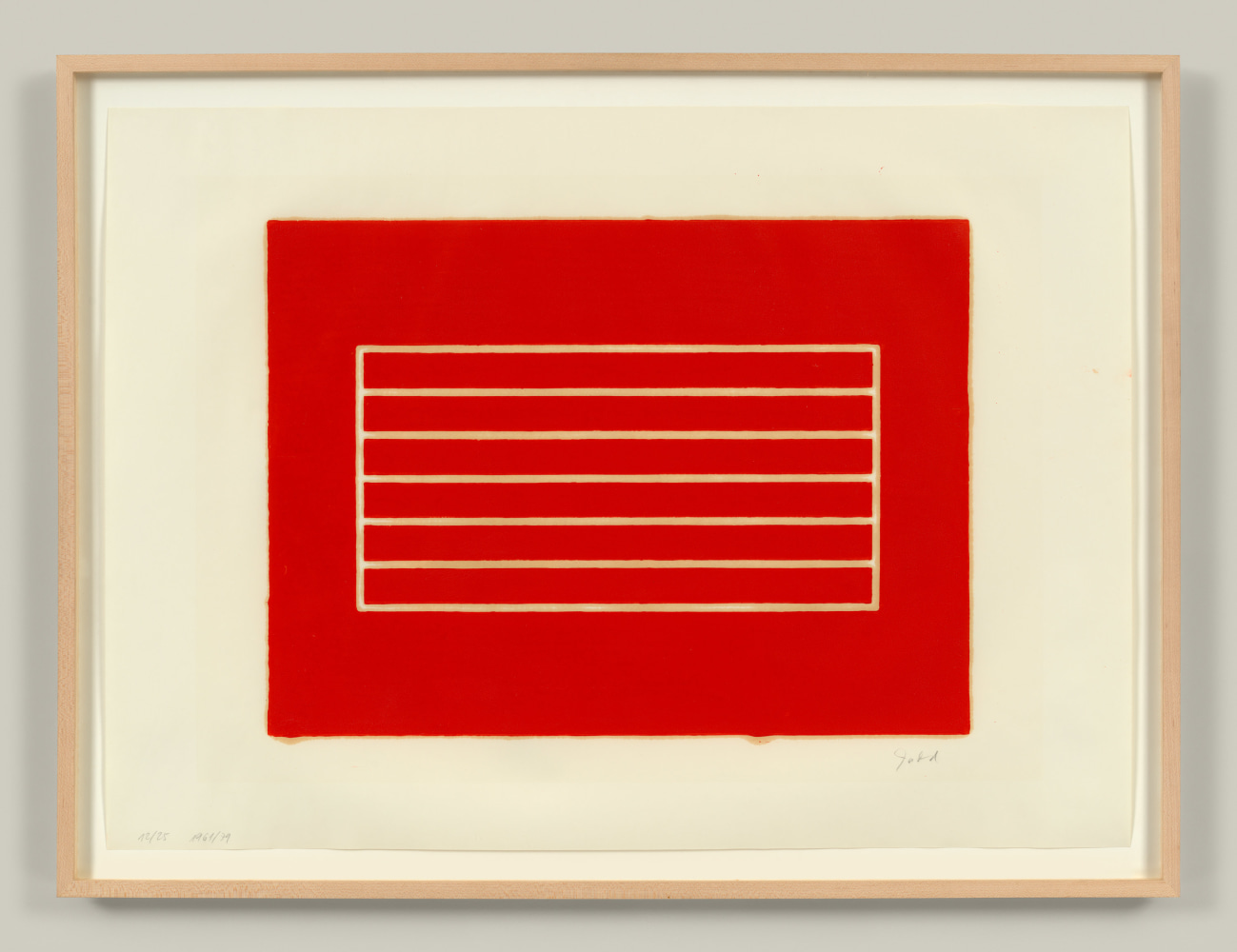 Donald Judd (1928-1994)&amp;nbsp;
Untitled, 1961-79&amp;nbsp;
Woodcut in cadmium red on offset paper&amp;nbsp;
15 x 20 1/4 inches, image&amp;nbsp;
21 1/2 x 29 3/4 inches, sheet&amp;nbsp;
Edition of 25&amp;nbsp;

Schellmann 31&amp;nbsp;