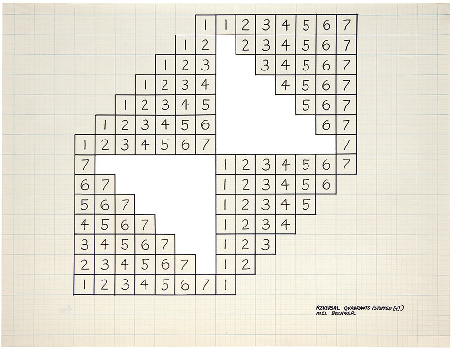 Mel Bochner (b. 1940)
Reversal Quadrants (Stepped [7]), 1966
Ink on graph paper (cut out)
17 x 22 inches
Signed and titled lower right recto: Reversal Quadrants (Stepped [7]) Mel Bochner