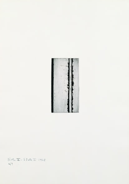 Barnett Newman

Note X (State I), 1968

Etching, printed in black on Italia white wove paper

5 15/16 x 2 15/16 inches, Plate

19 7/8 x 14 inches, Sheet

Edition of 7

Private Collection