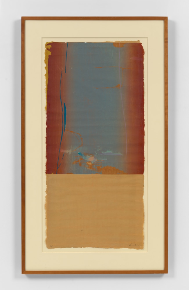 Helen Frankenthaler

Essence Mulberry,&amp;nbsp;1977

Woodcut printed in eight colors on buff Maniai Gampi&amp;nbsp;handmade paper from four blocks, one each of oak veneer, birch, walnut, and lauan plywood

39 1/2 x 18 1/2 inches

Edition of 46

Harrison 57