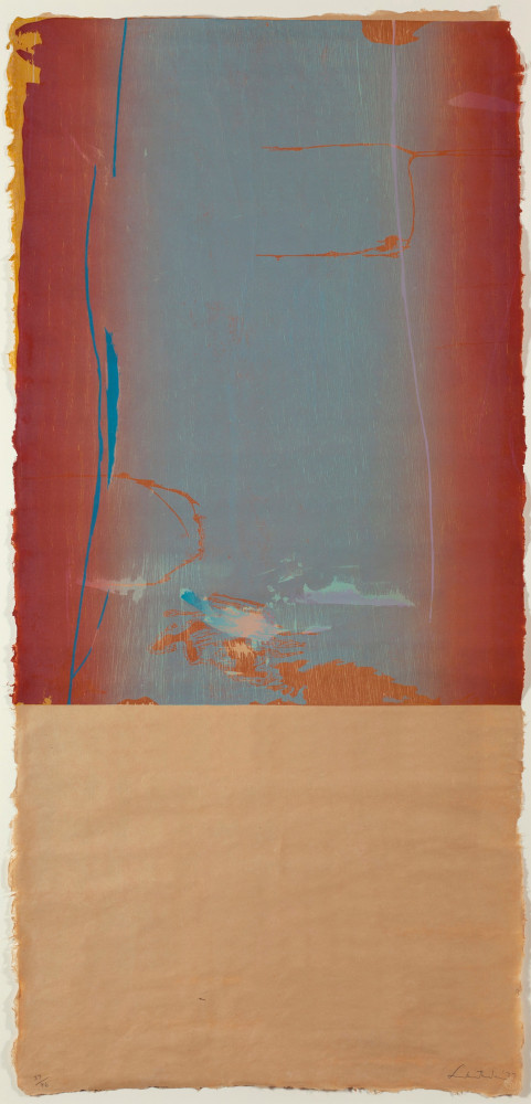 Helen Frankenthaler (1928-2011)
Essence Mulberry, 1977
Woodcut printed in eight colors on buff Maniai Gampi handmade paper
From four blocks, one each of oak, veneer, birch, walnut, and lauan plywood
39 1/2 x 18 1/2 inches
Edition of 46
Signed, dated, and numbered lower recto: Frankenthaler &amp;rsquo;77