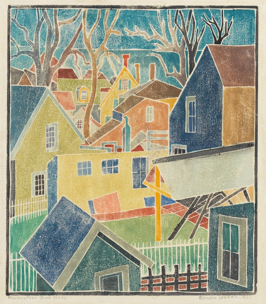 Blanche Lazzell
Provincetown Back Yards, 1927
White-line color woodcut
13 15/16 x 12 1/16 inches