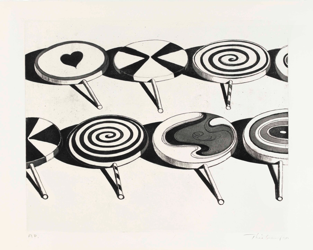Wayne Thiebaud (b. 1920)
Black Suckers, from Seven Still Lifes and a Silver Landscape, 1971
Aquatint
17 1/2 x 21 3/4 inches, image
22 x 29 3/4 inches, sheet
Edition of 50
Signed, dated, and numbered lower recto: Thiebaud 1971