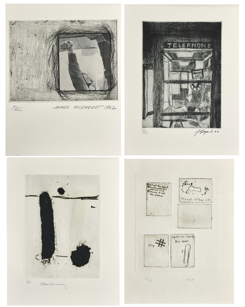 James Rosenquist Certificate, 1962: photogravure and etching on paper; signed, numbered, and dated below image: xv/xxv JAMES ROSENQUIST 1962

George Segal Untitled, 1962 (this work is titled Telephone Booth in some sources): etching on paper; signed, dated, and numbered below image: xv/xxv J Segal 62

Richard Stankiewicz Untitled, 1962: etching on paper; signed and numbered below image: xv/xxv Stankiewicz

George Brecht Untitled, 1962: etching on paper; signed and numbered below the image: xv/xxv GBrecht
