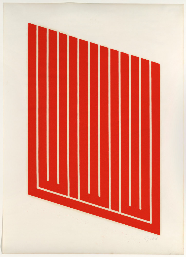 Donald Judd&amp;nbsp;
Untitled, 1961-3/1969
Woodcut in cadmium red on cartridge&amp;nbsp;paper
30 1/4 x 21 3/4 inches