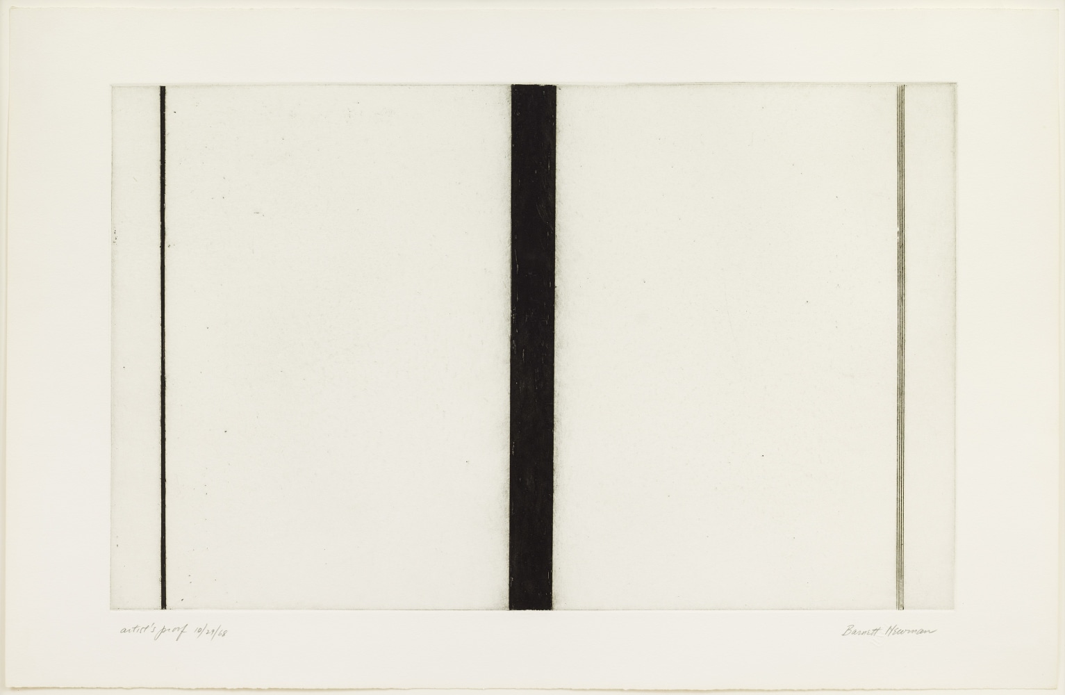 Barnett Newman&amp;nbsp;

Untitled Etching #1, 1968&amp;nbsp;

Etching and aquatint&amp;nbsp;

14 15/16 x 23 7/8 inches, image&amp;nbsp;

19 3/16 x 29 3/4 inches, sheet&amp;nbsp;

AP aside from the edition of 27&amp;nbsp;

Private Collection&amp;nbsp;