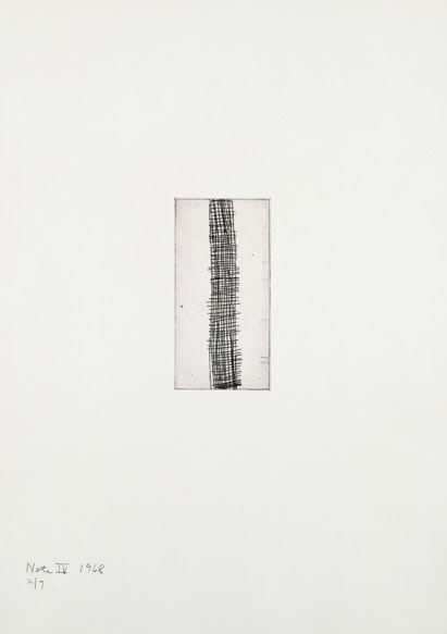 Barnett Newman

Note IV, 1968

Etching, printed in black on Italia white wove paper

5 15/16 x 2 15/16 inches, Plate

19 7/8 x 14 inches, Sheet

Edition of 7

Private Collection