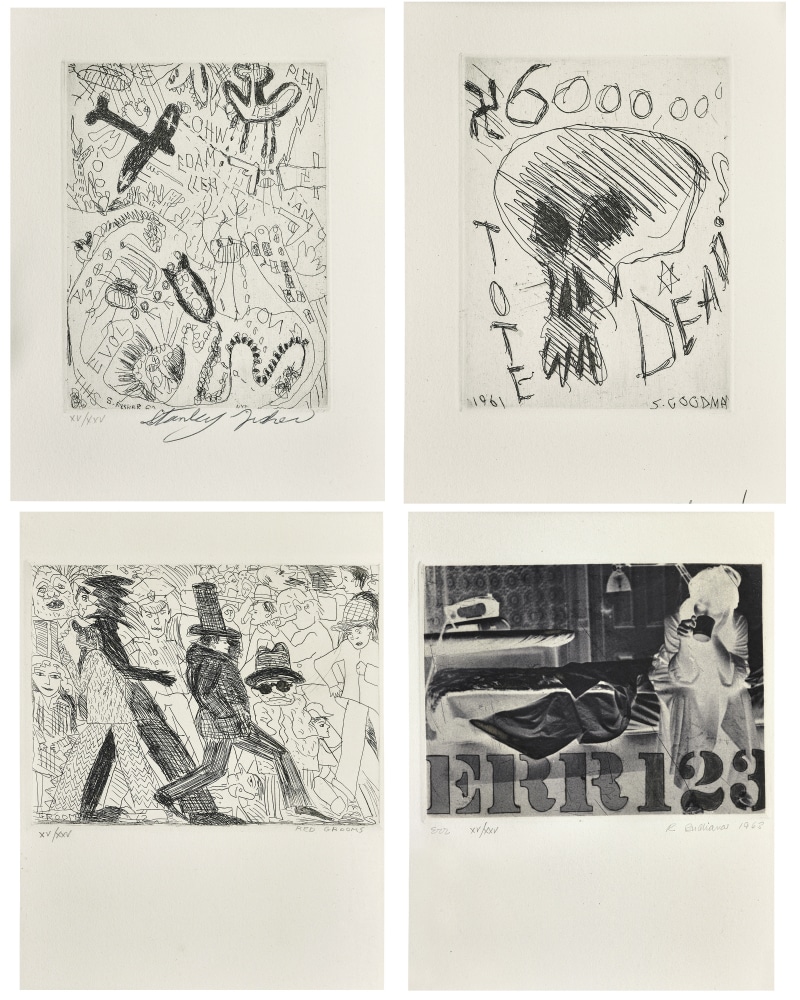 Stanley Fisher Untitled, 1962: etching on paper; signed and numbered below image: xv/xxv Stanley Fisher

Sam Goodman Untitled, 1961 (this work is titled 6,000,000 Dead in some sources): etching on paper, 5 3/4 x 4 1/2 inches; signed and within the image, bottom edge: 1961 S. Goodman

Red Grooms Untitled, 1962 (this work is titled Self Portrait in A Crowd in some sources): etching on paper; signed and numbered below image: xv/xxv Red Grooms; signed within image: Grooms

Robert Indiana Err, 1963: photogravure and etching on paper (#29. in Robert Indiana Prints A Catalog Raisonne 1951-1991); titled, signed, numbered, and dated below image: Err xv/xxv R. Indiana 1963