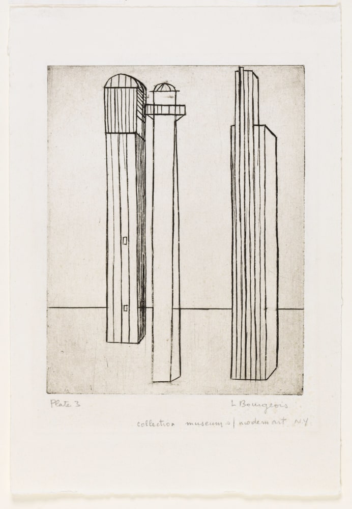 Louise Bourgeois (1911-2010)
He Disappeared into Complete Silence, Plate 3 of 9, 1947
Engraving
6 3/4 x 5 3/8 inches, image
10 x 7 inches, sheet
Signed and inscribed lower recto: Plate 3 L Bourgeois collection museum of modern art N.Y.
Titled and inscribed on verso: He disappeared into complete silence RO401W