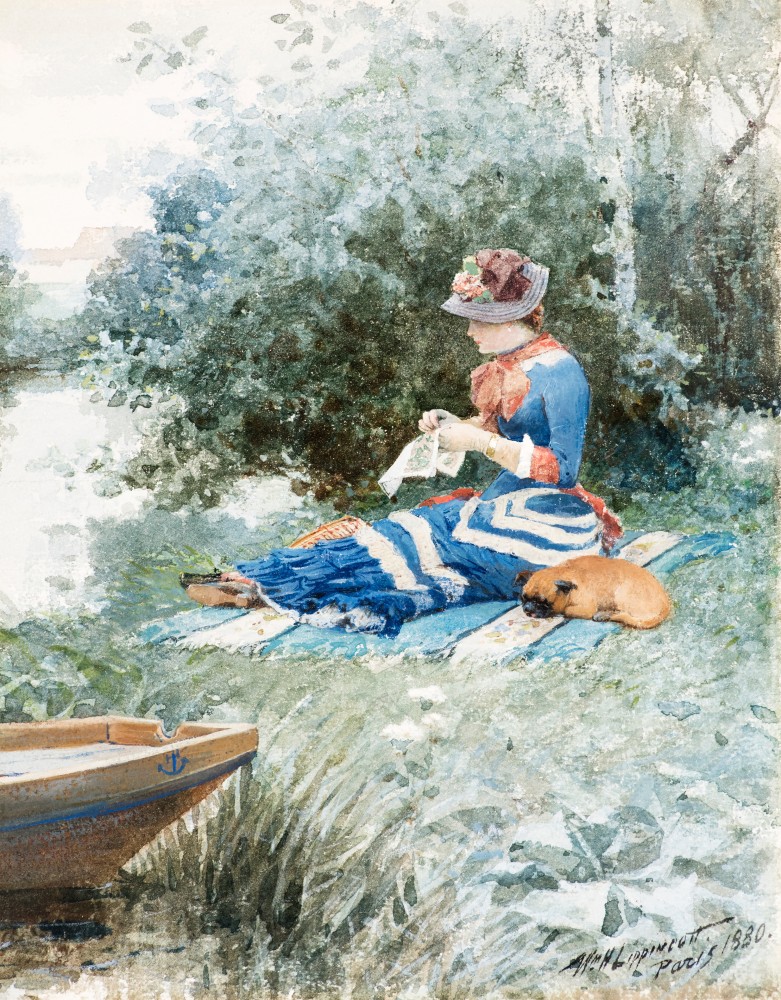 William H. Lippincott (1849–1920)  En attendant (Waiting), 1880. Watercolor on paper, 10 1/2 x 8 1/2 in. Signed and dated lower right: Wm. H. Lippincott / Paris 1880
