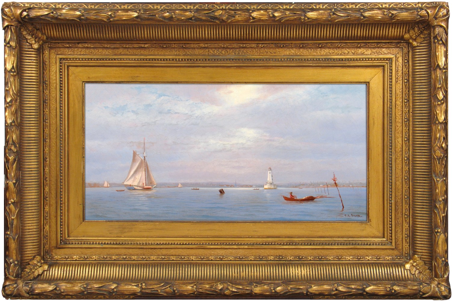 Francis Augustus Silva (1835–1886), Robbin's Reef Lighthouse off Tompkinsville, New York Harbor, c. 1880, oil on canvas, 9 x 18 in., signed lower right: F. A. Silva. (framed)