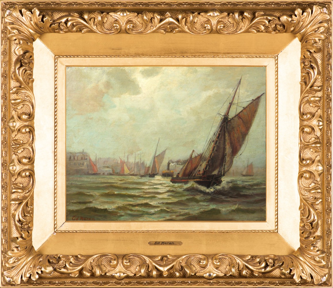 Edward Moran (1829–1901), New York Harbor, c. 1870, oil on canvas, 14 1/2 x 18 in., signed lower left: Ed. Moran (framed)