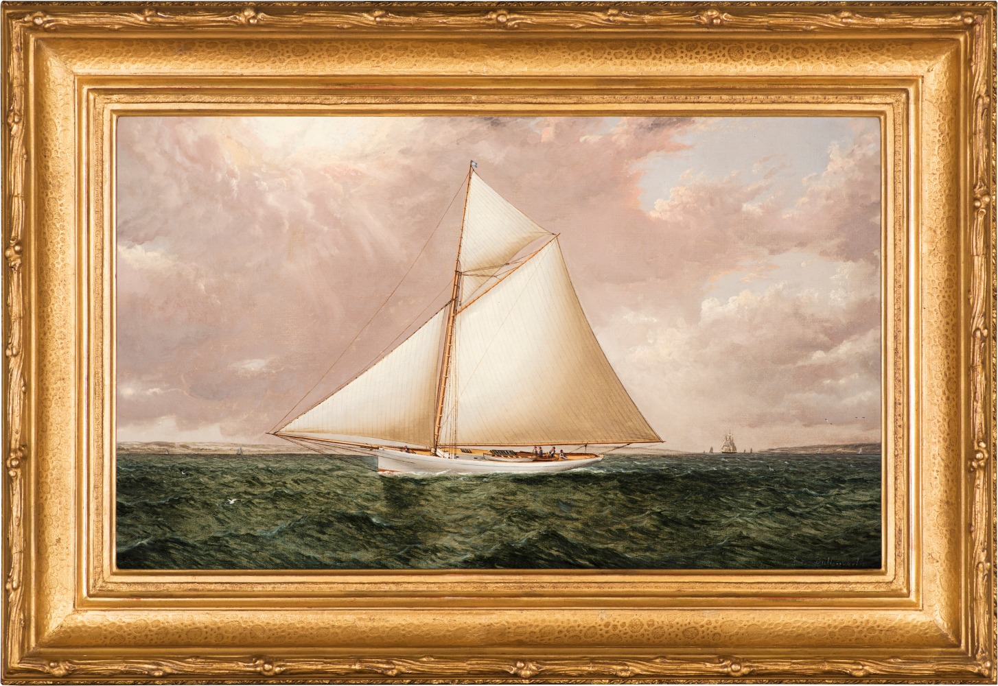 James E. Buttersworth (1817–1894), A Gaff Rigged Racing Cutter, c. 1893, oil on canvas, 12 x 20 in., signed lower right: Jas. Buttersworth (framed)