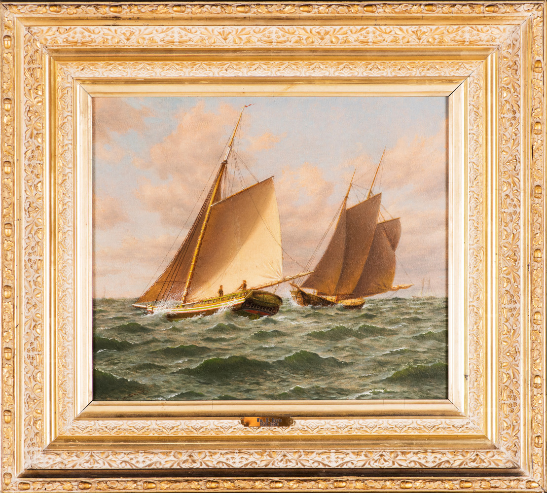 William M. Davis (1829-1920), Schooners at Sea: A Close Shave, oil on canvasboard, 12 x 14 in. signed lower left: Wm M. Davis (framed)