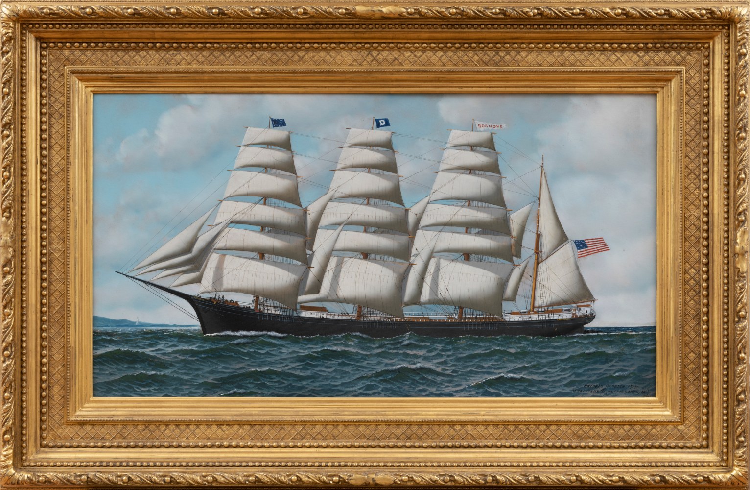 Antonio Jacobsen (1850–1921), The Four Masted Barque Roanoke Under Full Sail, 1914, oil on board, 19 1/2 x 35 1/2 in., signed, dated and inscribed lower right: Antonio Jacobsen 1914/ 31 Palisade Av. West Hoboken. NJ (framed)