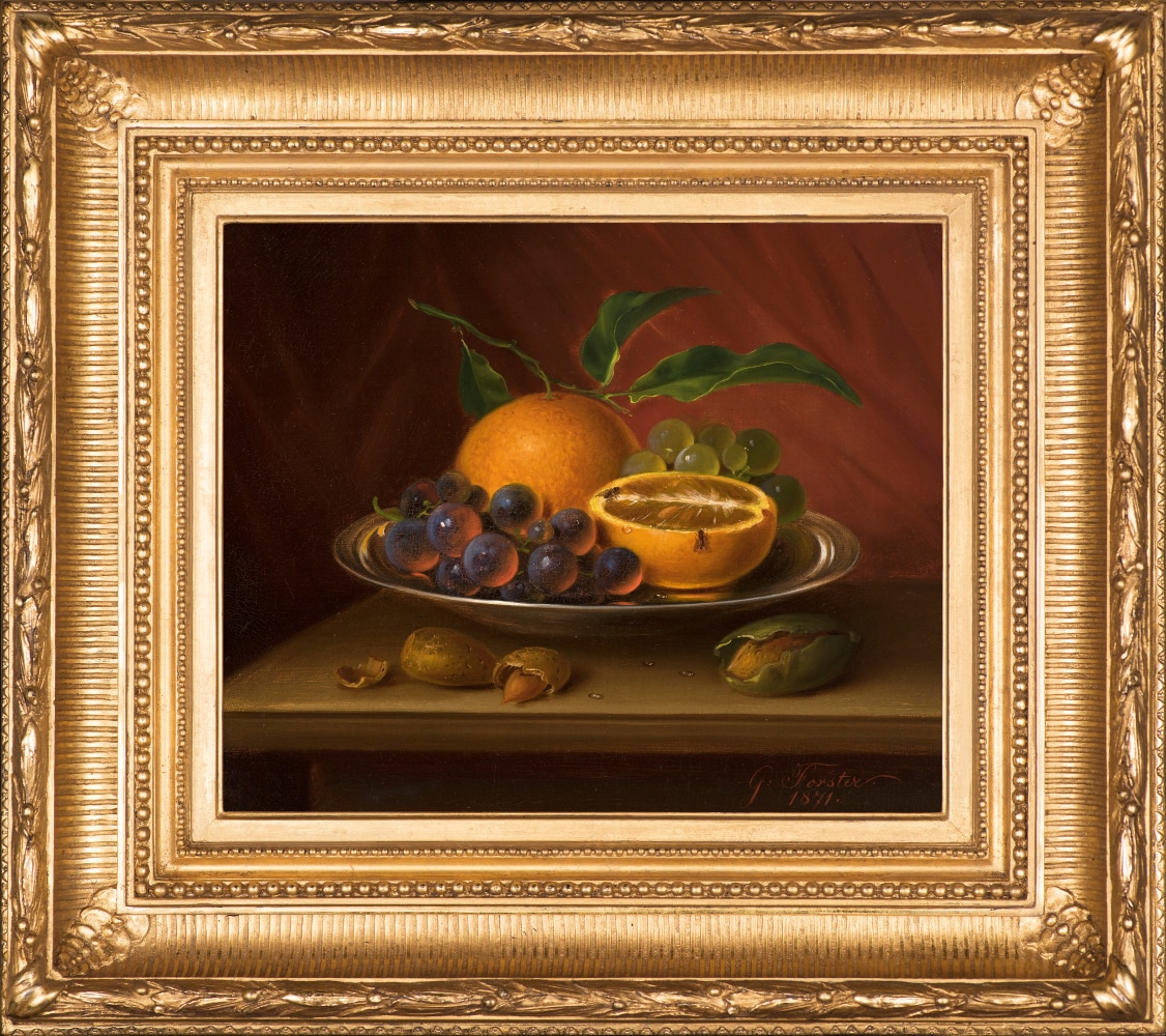 George Forster (1817–1896), Still Life with Fruit, Nuts and Fruit Flies, 1871, oil on canvas, 9 7/8 x 12 in., signed and dated lower right: G. Forster. / 1871. (framed)