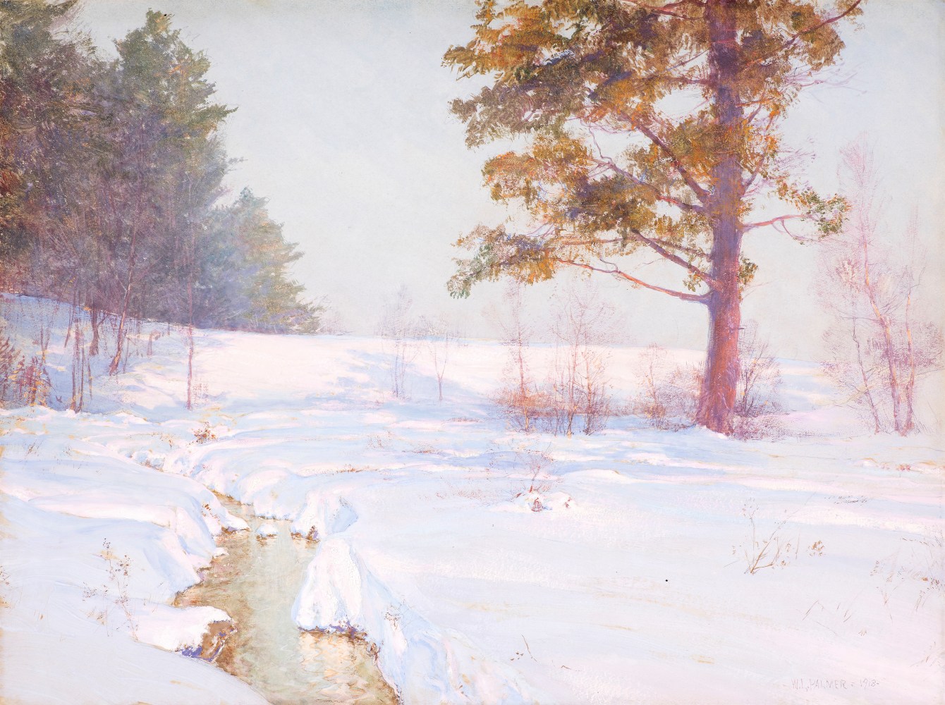 Walter Launt Palmer (1854–1932), Stream in Winter, 1913, watercolor and gouache on paper, 18 x 24 in., signed and dated lower right: W. L. Palmer 1913