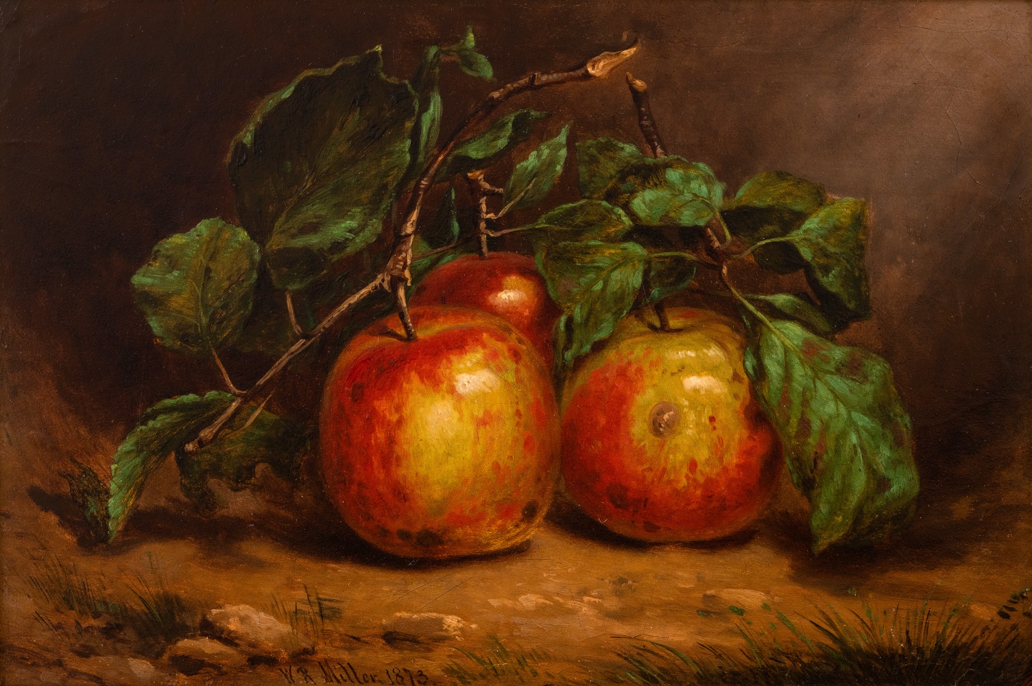 William Rickarby Miller (1816–1888), Study of Apples on a Bough, 1873, oil on board, 8 1/2 x 12 1/2 in. , signed and dated lower left: W. R. Miller 1873