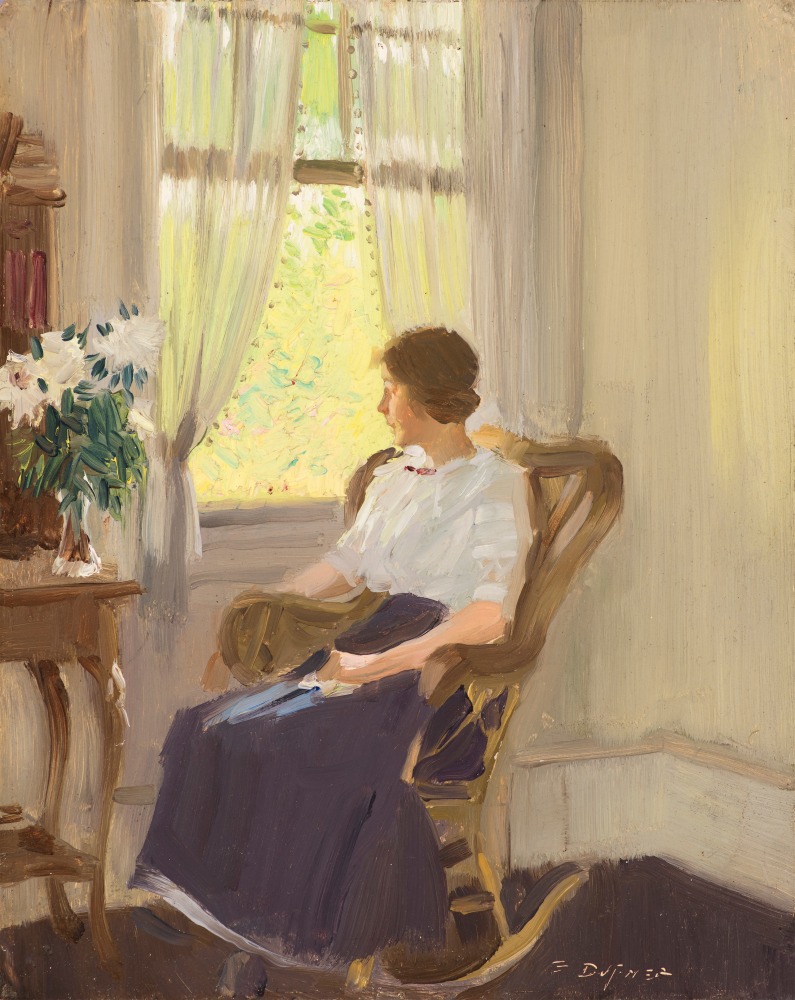 Edward Dufner (1871–1957), By the Window, c. 1911–17, oil on board, 9 3/4 x 7 3/4 in., signed lower left: E. Dufner