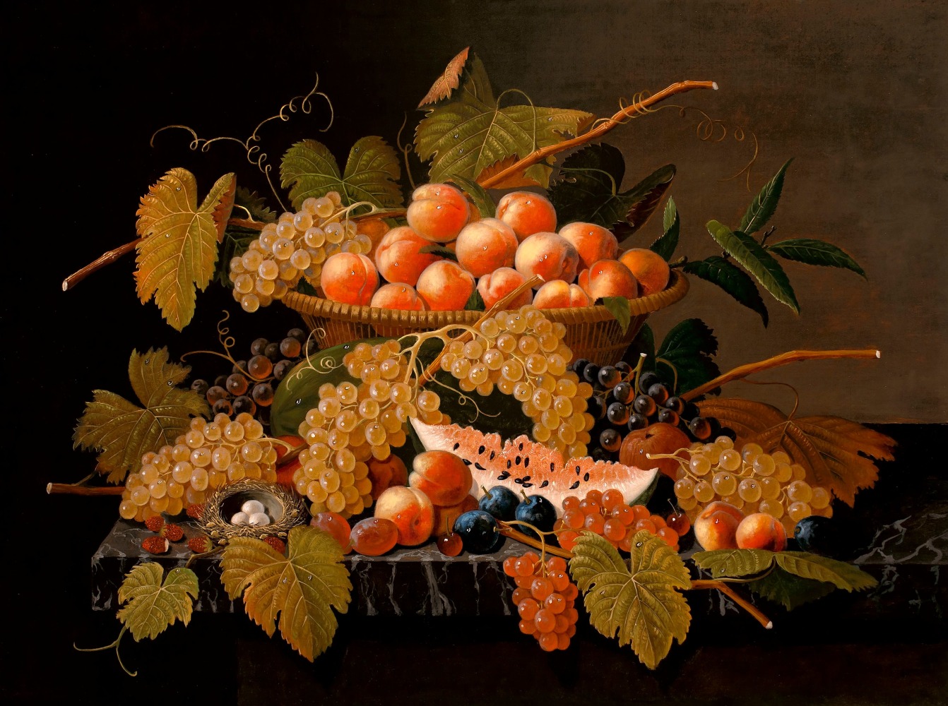 Severin Roesen (1816–c. 1872), Still Life with Fruit and a Bird’s Nest, c. 1871, oil on canvas, 30 x 40 in.