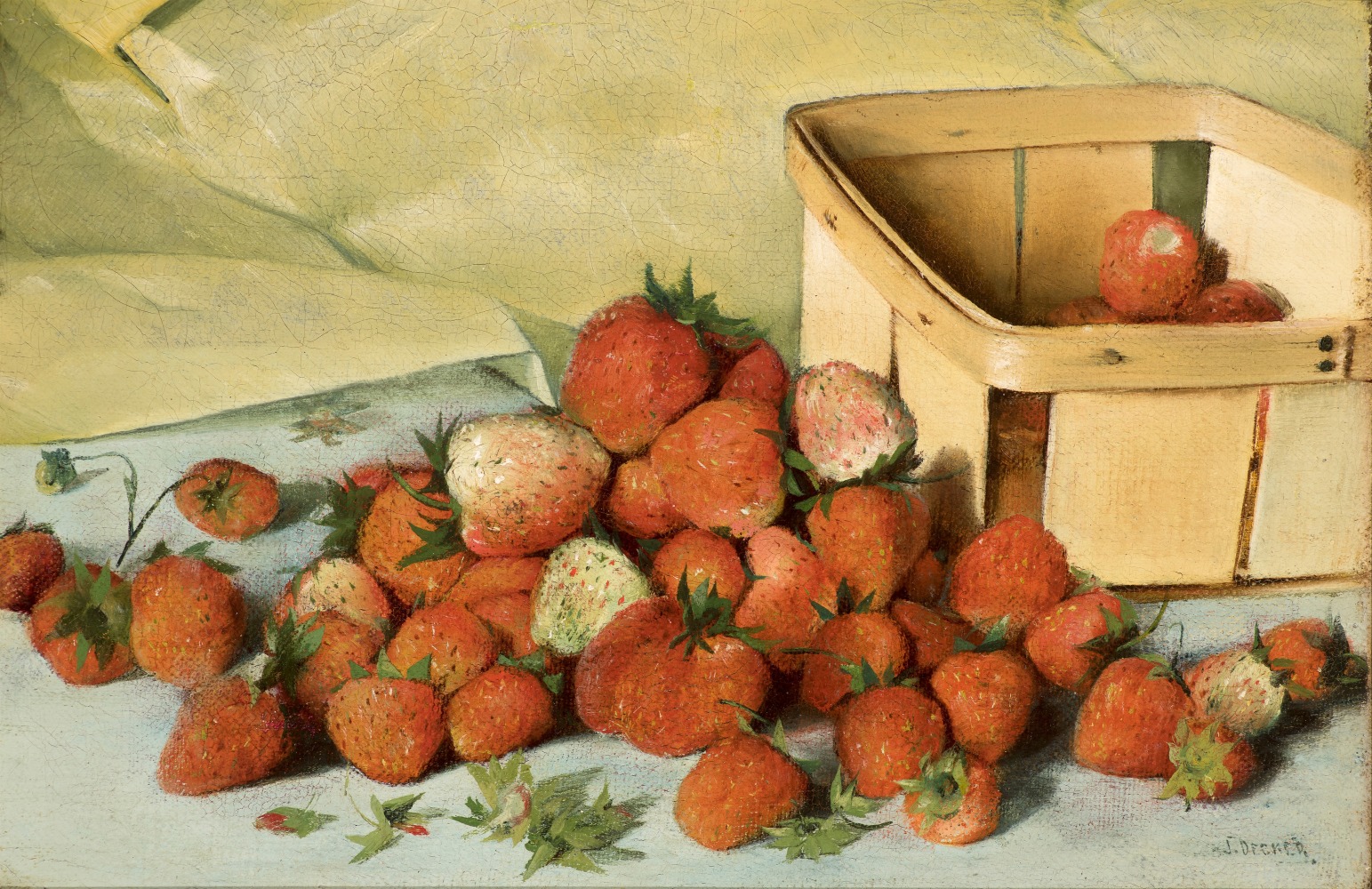 Joseph Decker (1853–1924), Still Life with Strawberries, c. 1885, oil on canvas, 8 x 11 7/8 in., signed lower right: J. Decker