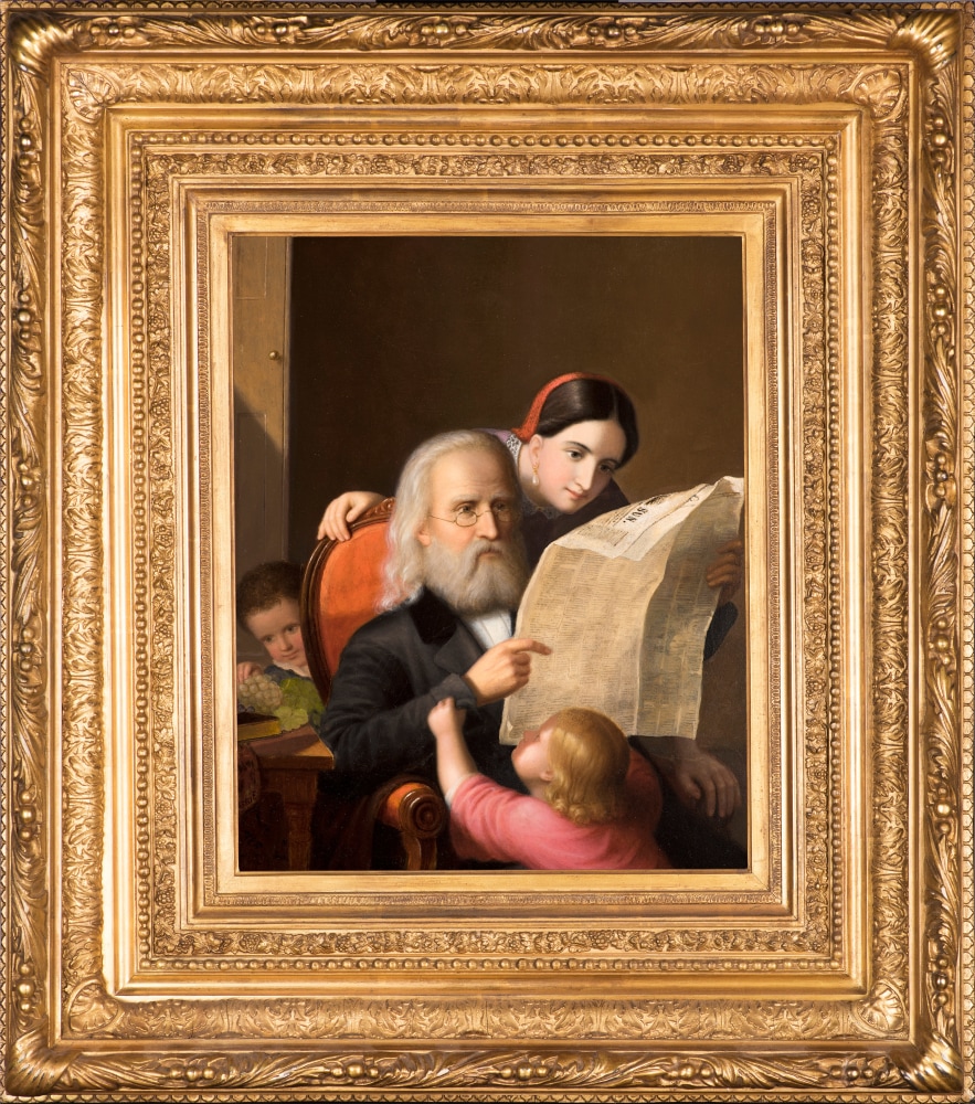 An intimate family scene executed c. 1852 by Hans Heinrich Bebie showing an elderly man reading the newspaper with his daughter and grandchildren. (Framed)