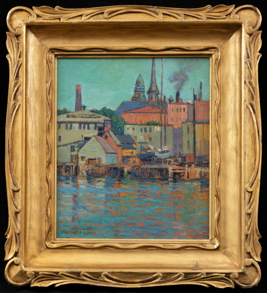 Harriet Randall Lumis (1870–1953), Gloucester Wharf, c. 1920, oil on canvas, 12 x 10 in., signed lower left: Harriet R. Lumis (framed),  colorful scene of buildings and boats on the docks of Gloucester, Massachusetts