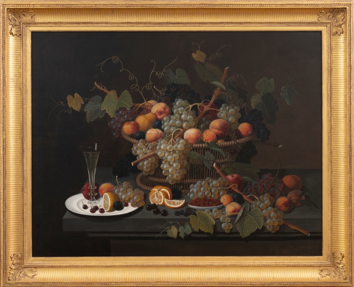 Severin Roesen (1816–c. 1872). Still Life with Champagne and Fruit, 1851. Oil on canvas, 35 3/8 x 45 in., signed and dated lower right: S. Roesen / 1851 (framed)