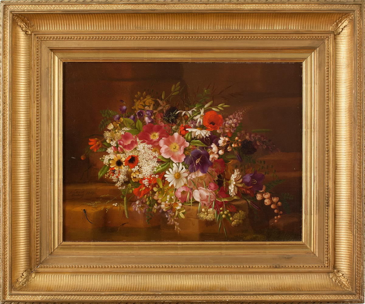 Adelheid Dietrich (1827–1891), Still Life with Flowers, 1869, oil on board, 13 3/4 x 17 in., signed lower left: Adelheid Dietrich / 1869 Signed and dated verso: Adelheid Dietrich. / 1869 (framed)