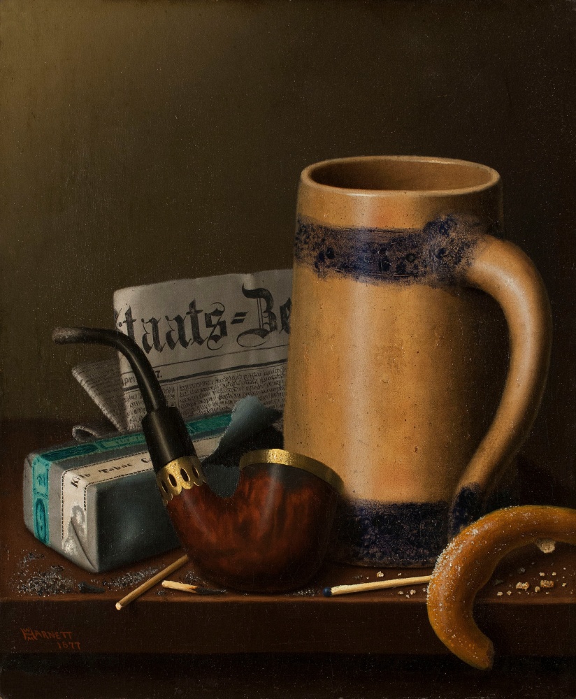 William Michael Harnett (1848–1892). Staats-Zeitung and Pretzel, 1877. Oil on canvas, 12 x 20 in. Signed and dated lower left
