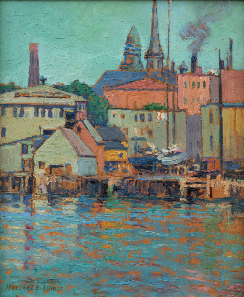 Harriet Randall Lumis (1870–1953), Gloucester Wharf, c. 1920, oil on canvas, 12 x 10 in., signed lower left: Harriet R. Lumis, colorful scene of buildings and boats on the docks of Gloucester, Massachusetts