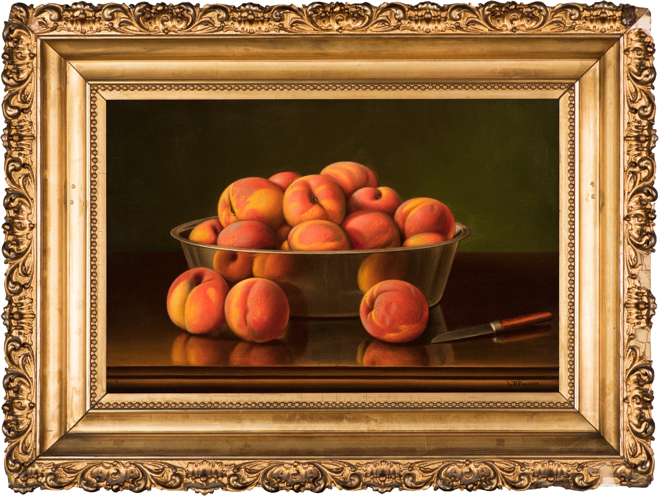 Levi Wells Prentice (1851–1935), Peaches in a Silver Bowl, oil on canvas, 12 x 18 in., signed lower right: L. W. Prentice (framed)