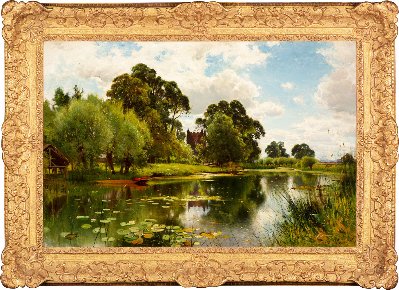 A bucolic view of the Thames River with lily pads, rowboats, and a church in the distance by Ernest Parton (1845–1933), oil on canvas, 24 x 36 in., signed and dated 1888