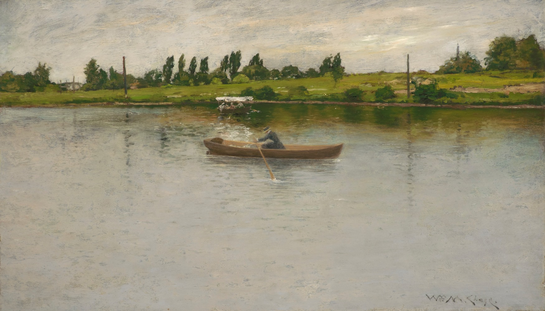 William Merritt Chase (1849–1916), Pulling for Shore, c. 1886, oil on panel, 17 3/4 x 30 in., signed lower right: Wm. M. Chase, a woman rowing on a lake