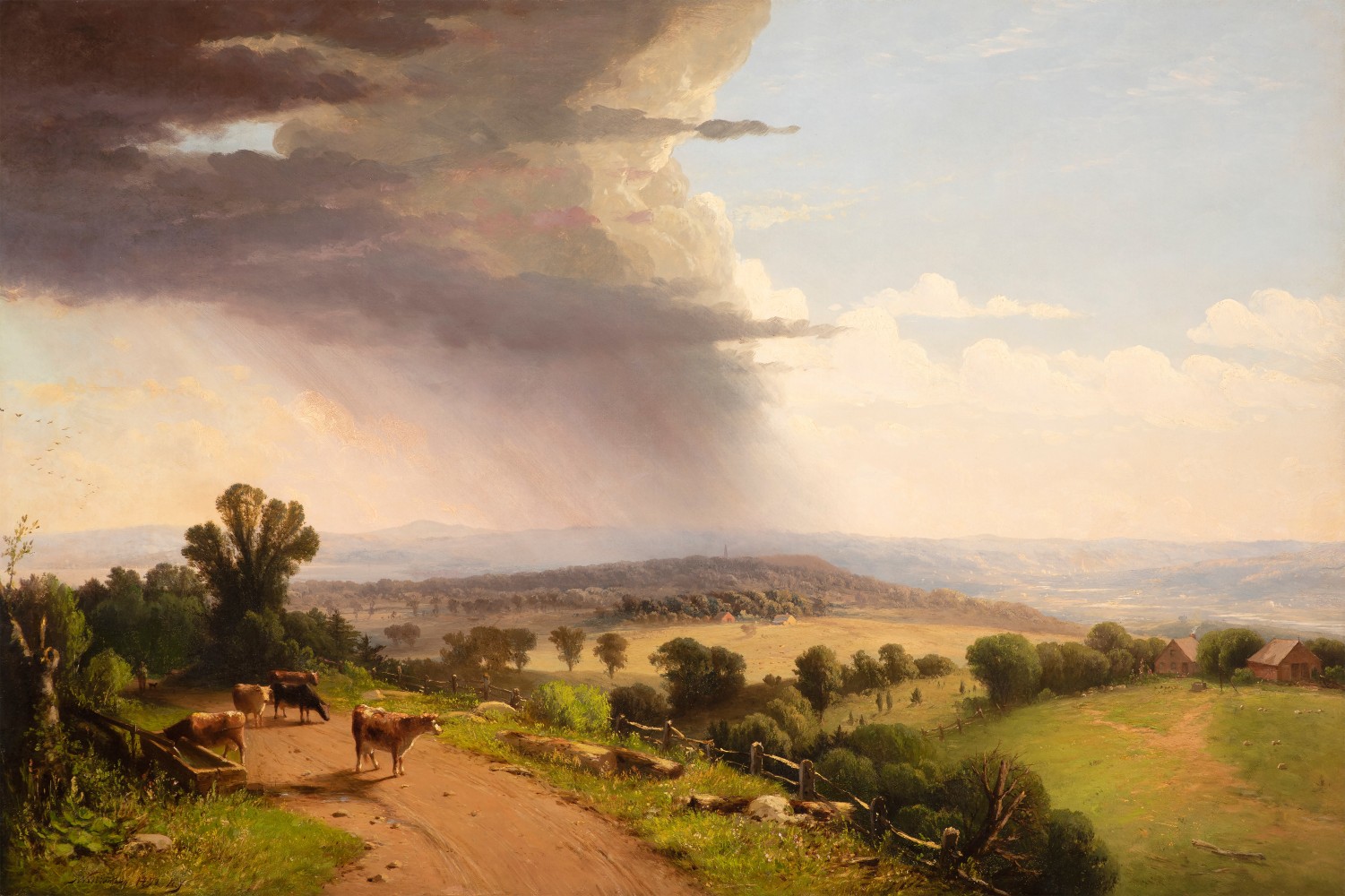 John Williamson (1826–1885), Passing Shower, Upper Valley of the Connecticut River, 1870, oil on canvas, 27 1/8 x 40 in., signed and dated lower left: J. Williamson. 1870. N.Y, inscribed on verso: Passing Shower / Upper Valley of the Connecticut / J Williamson / N.Y. 1870